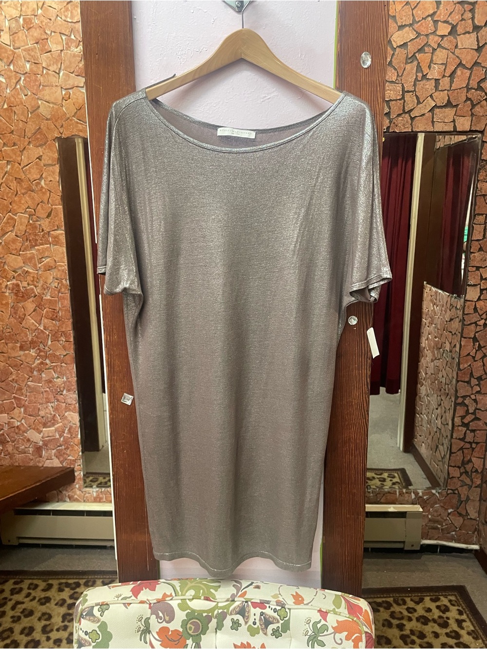 Stella McCartney Shimmery Taupe Short Sleeve Shift Dress no slip .